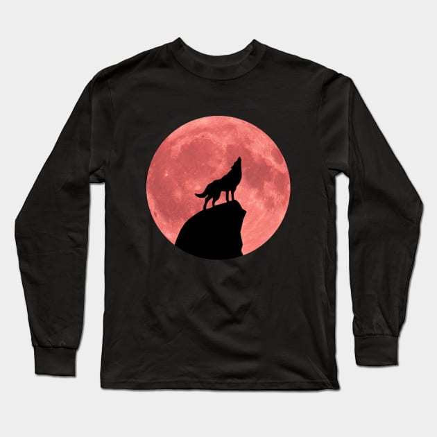 Wolf Howling at a Blood Moon Long Sleeve T-Shirt by RockettGraph1cs